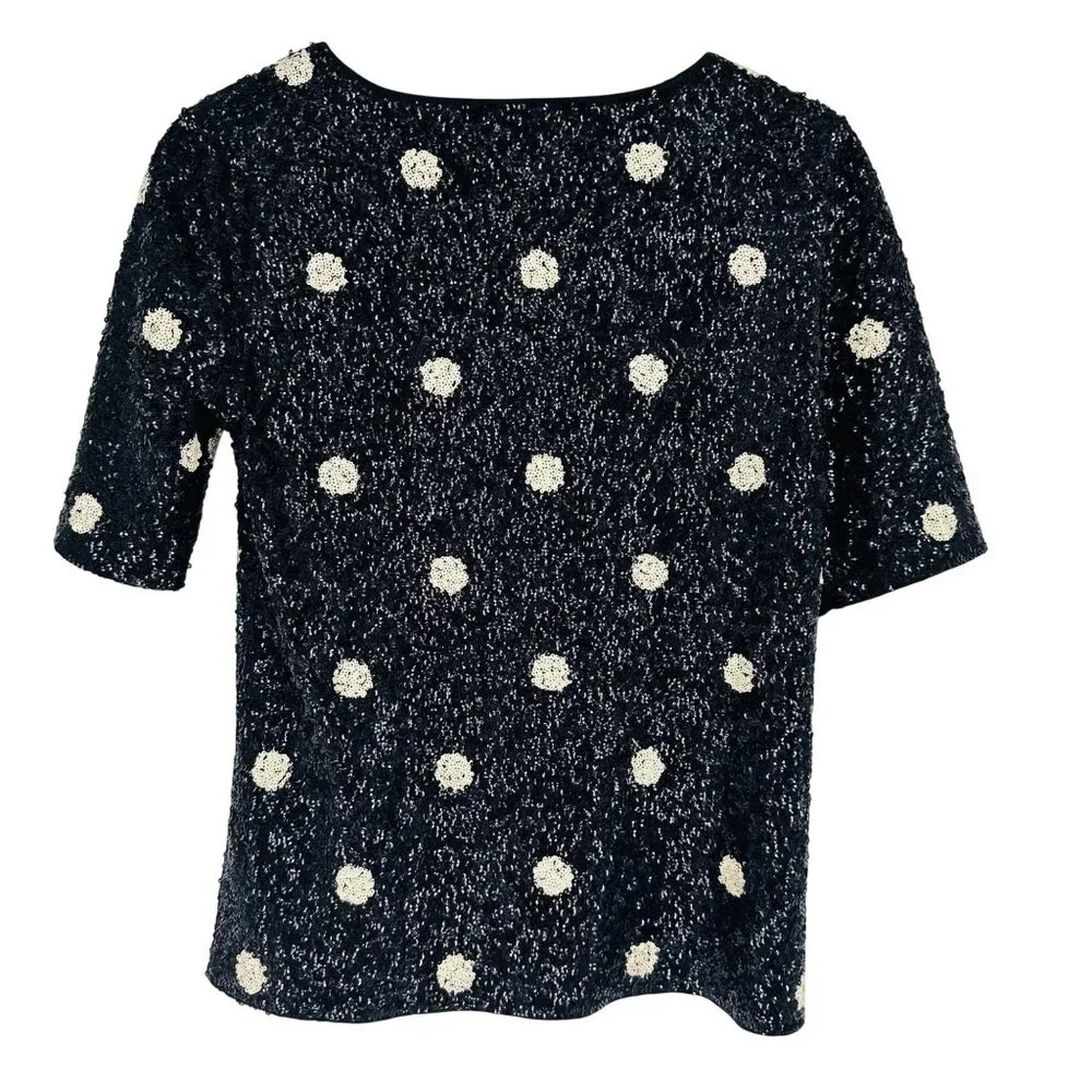 J. Crew Black Ivory Polka Dot Womens Scoop Neck Sequin Top Festive Party Size S - Picture 4 of 9